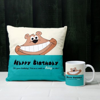 Blue Teddy Birthday Cushion and Mug Set